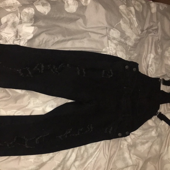 All black distressed jean overalls - Picture 2 of 4